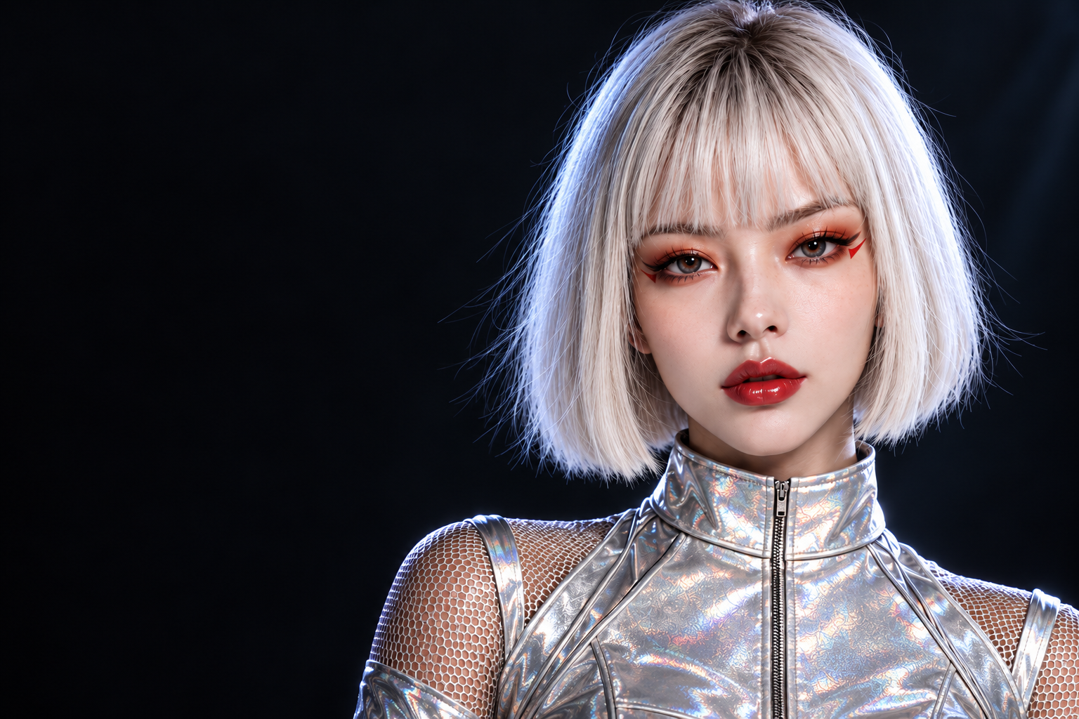 VEYA, with platinum bob, orange-red eye makeup and silver couture